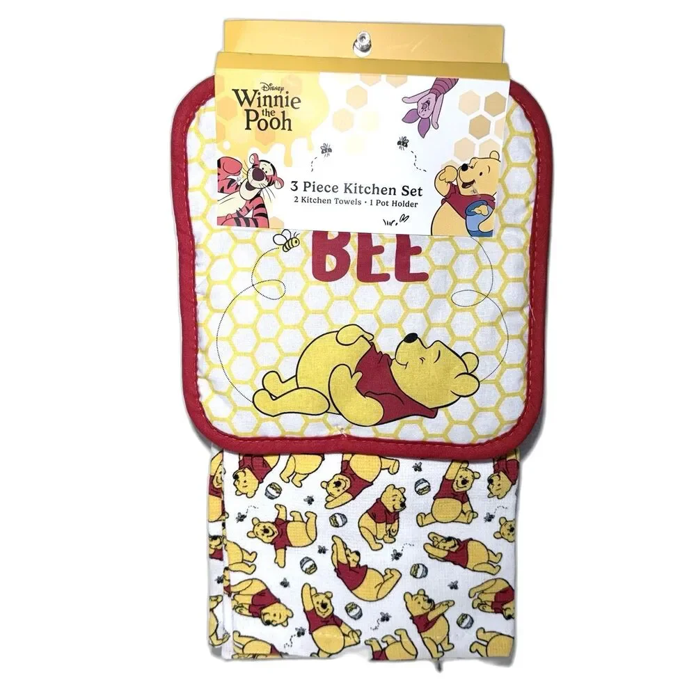 Disney Winnie the Pooh 3 Piece Kitchen 2 Dish Towels, 1 Pot Holder Set NWT